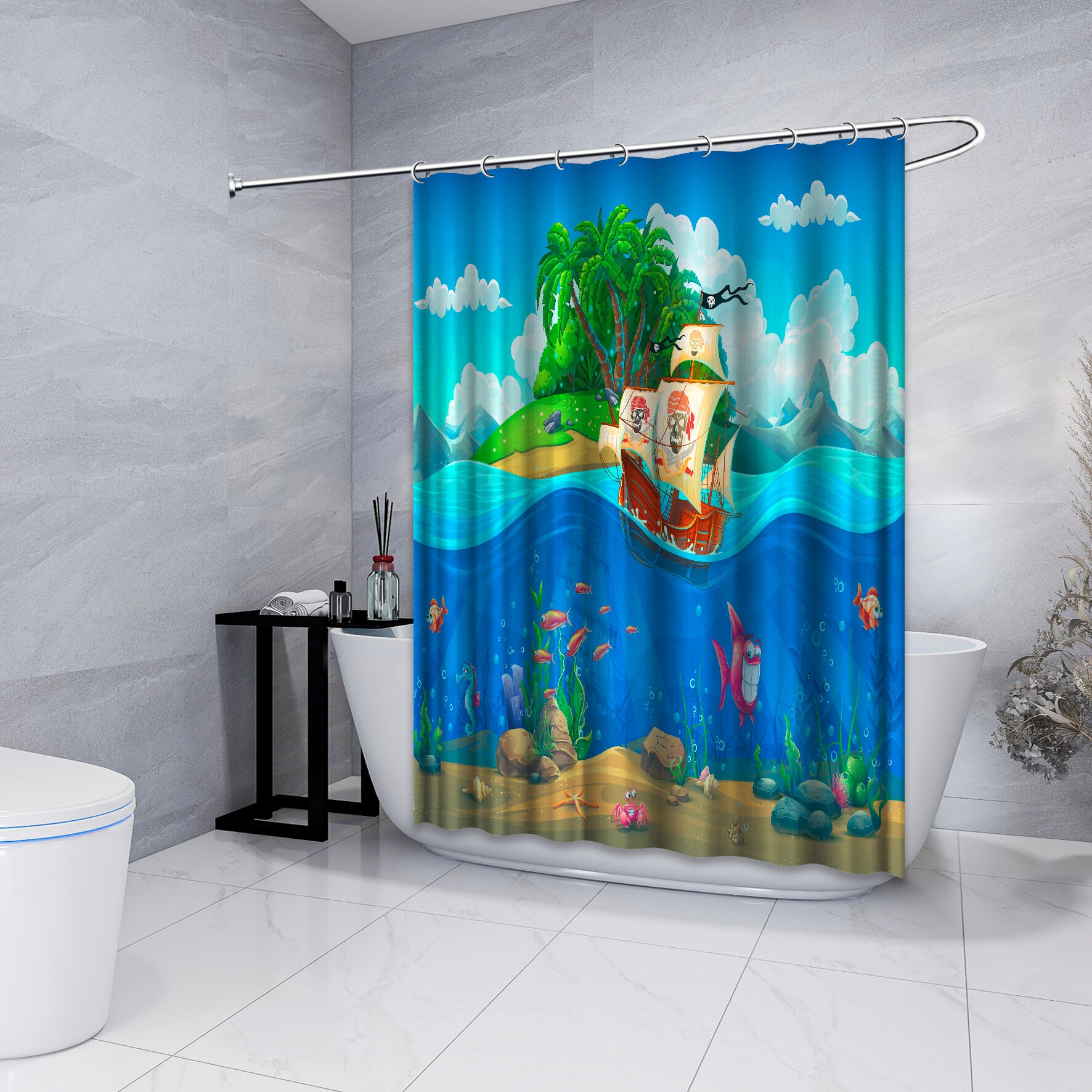 Pirate Ship In The Tropics Shower Curtain - Cartoon Bathroom Decor