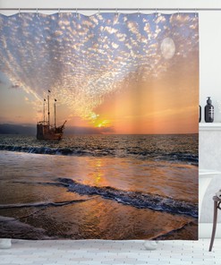 Pirate Ship In Waves Print Colorful Shower Curtain For A Nautical Bathroom Theme
