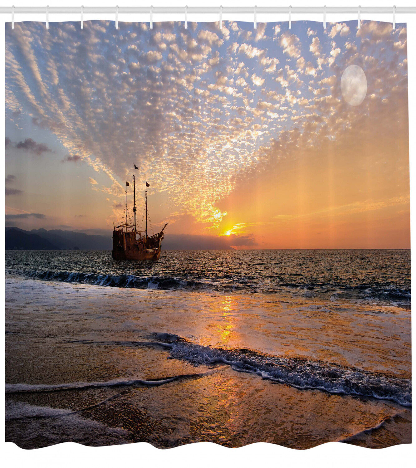 Pirate Ship In Waves Print Colorful Shower Curtain For A Nautical Bathroom Theme - Image 2