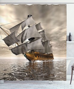 Pirate Ship Ocean Shower Curtain, Cloudy Sky Voyage Exploration Theme