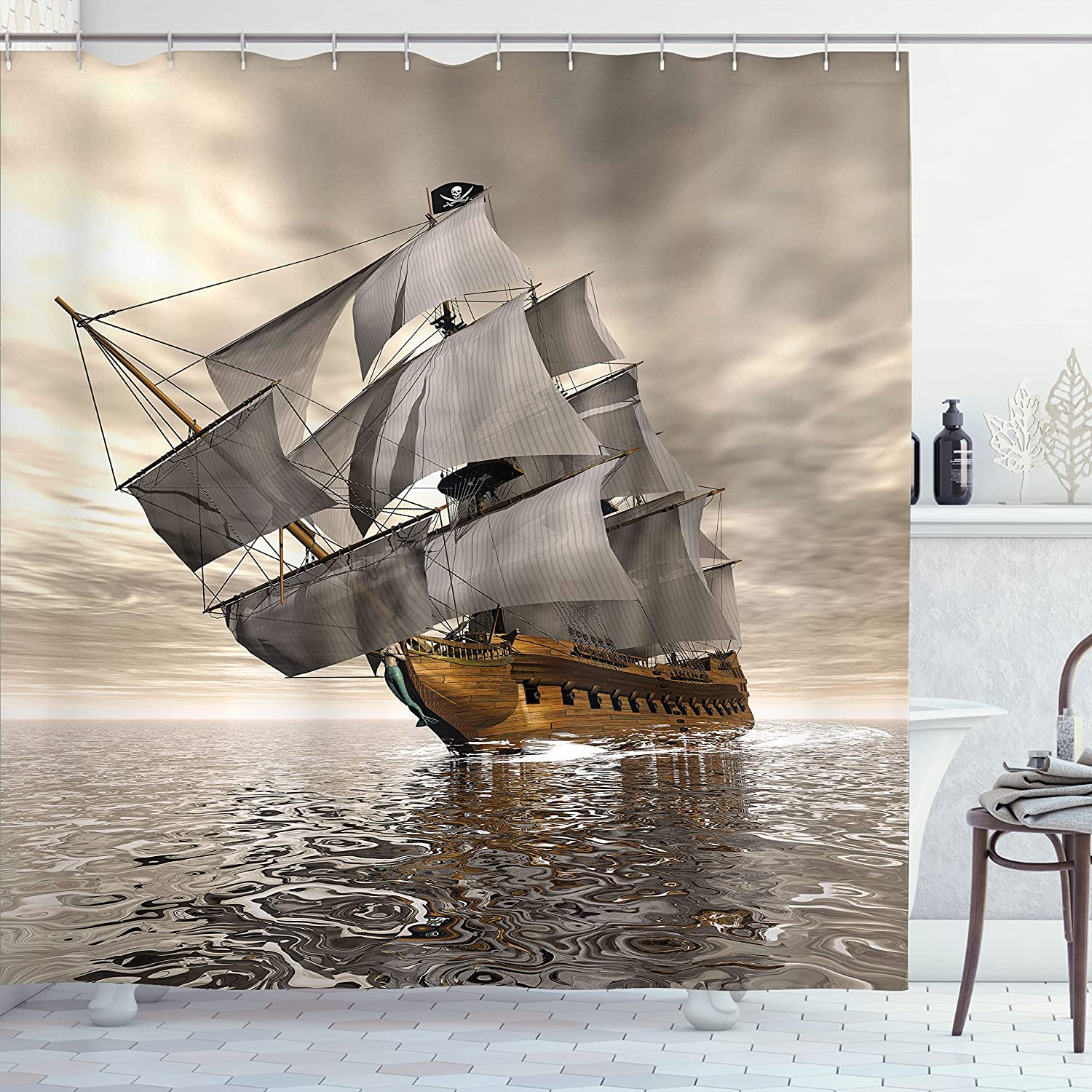 Pirate Ship Ocean Shower Curtain, Cloudy Sky Voyage Exploration Theme