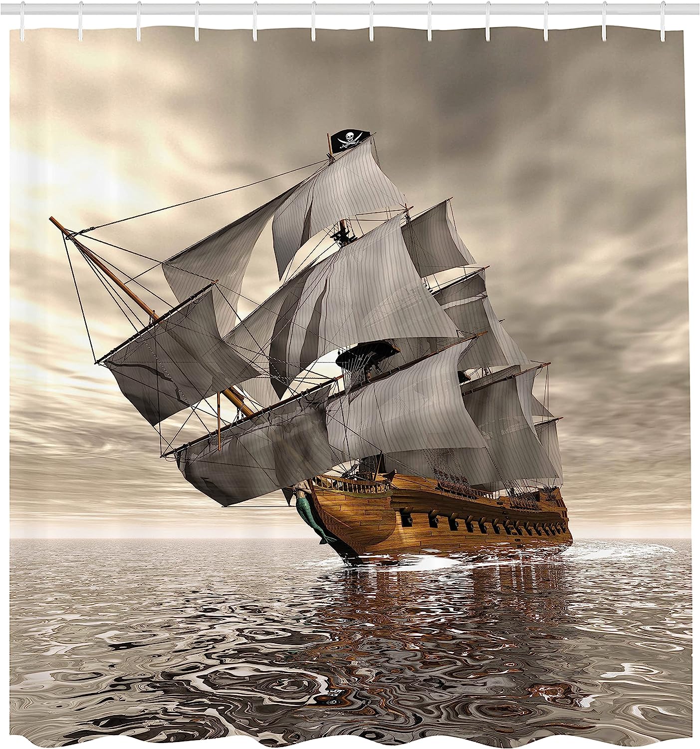 Pirate Ship Ocean Shower Curtain, Cloudy Sky Voyage Exploration Theme - Image 2