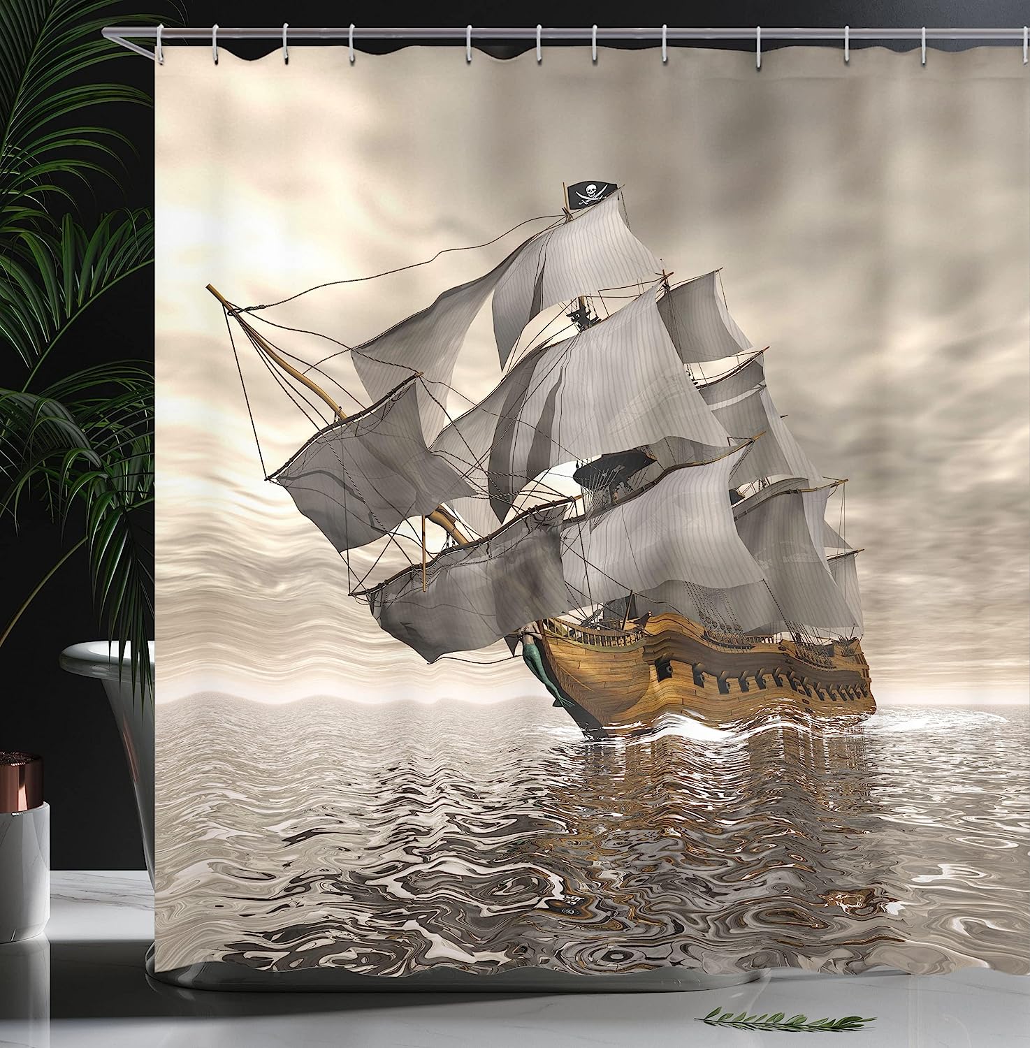 Pirate Ship Ocean Shower Curtain, Cloudy Sky Voyage Exploration Theme - Image 3