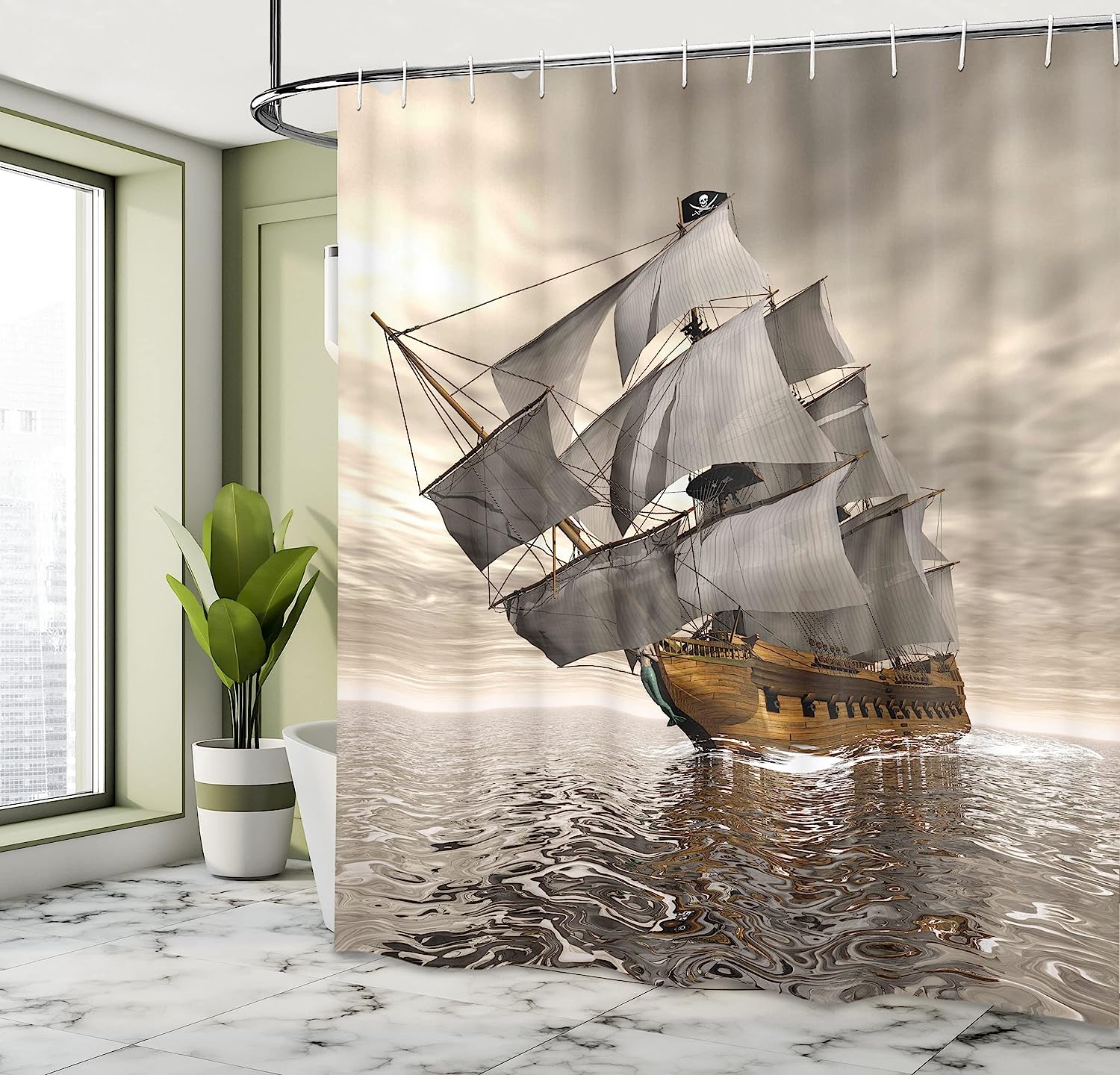 Pirate Ship Ocean Shower Curtain, Cloudy Sky Voyage Exploration Theme - Image 4
