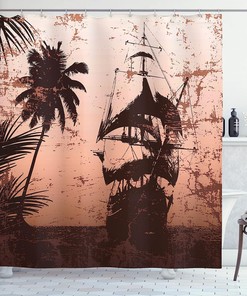 Pirate Ship Ocean Shower Curtain, Misty Palm Trees Grunge Background Print, Cloth Bathroom Decor