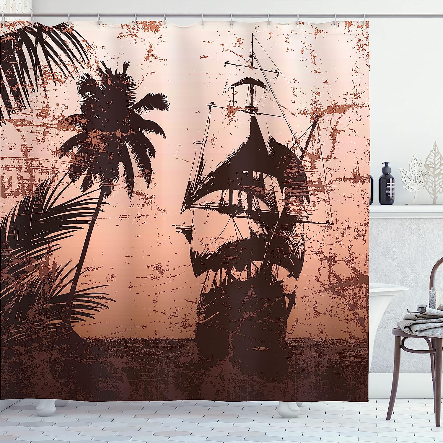 Pirate Ship Ocean Shower Curtain, Misty Palm Trees Grunge Background Print, Cloth Bathroom Decor