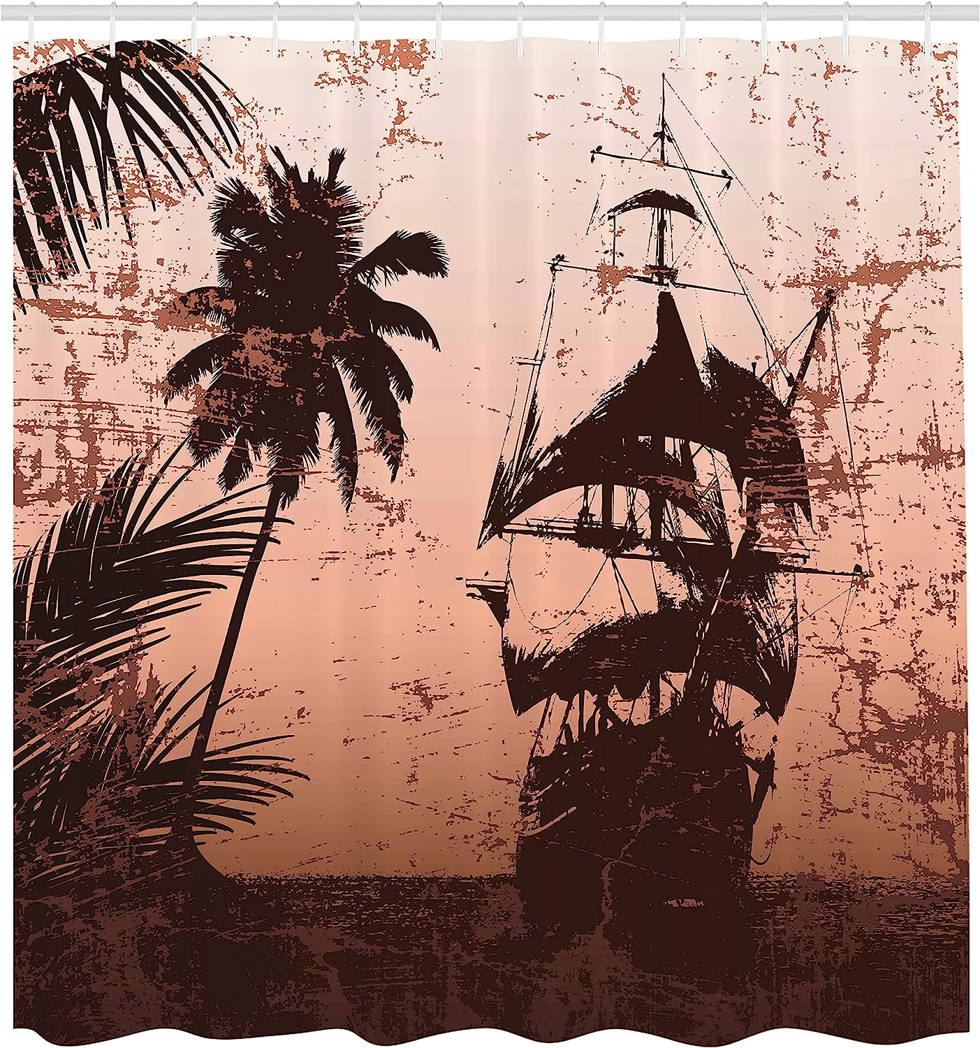 Pirate Ship Ocean Shower Curtain, Misty Palm Trees Grunge Background Print, Cloth Bathroom Decor - Image 2