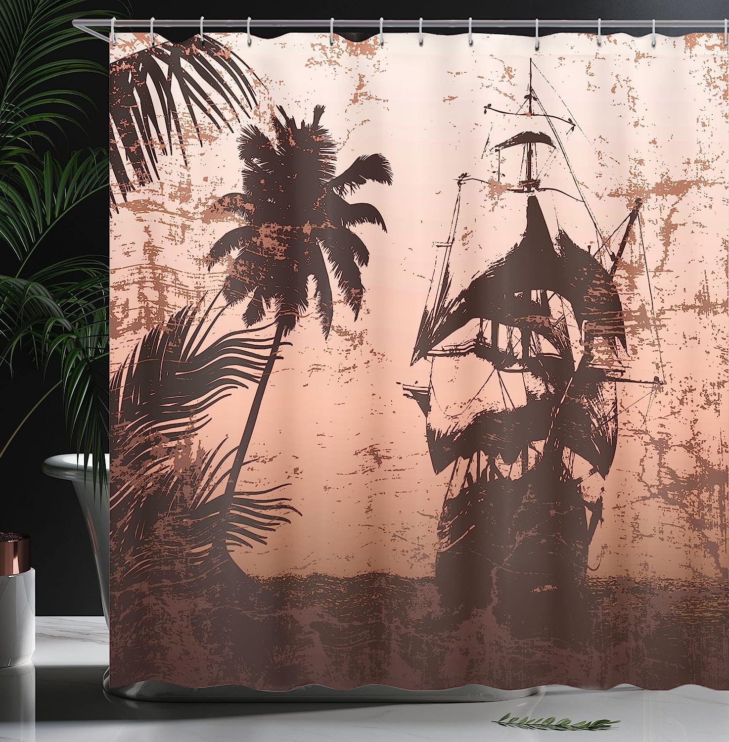 Pirate Ship Ocean Shower Curtain, Misty Palm Trees Grunge Background Print, Cloth Bathroom Decor - Image 3