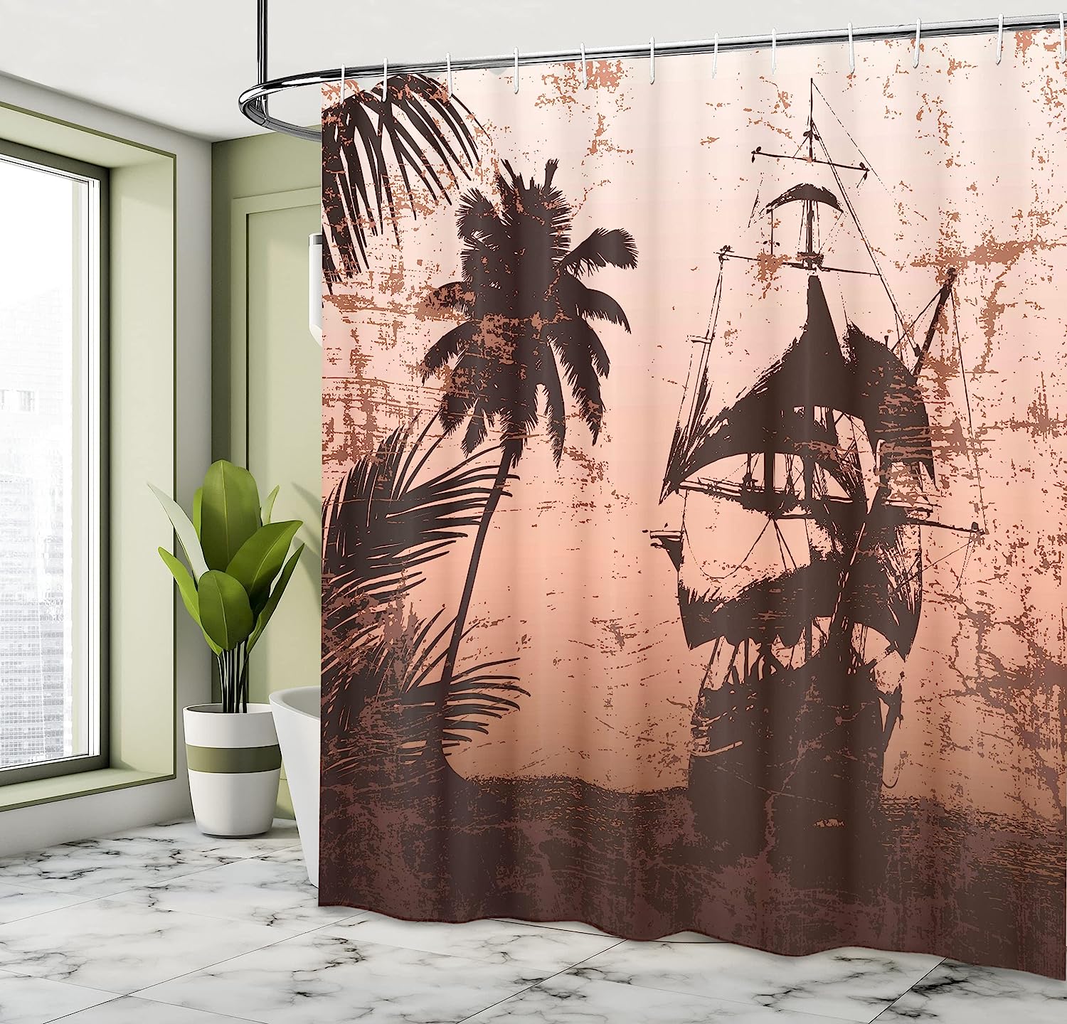 Pirate Ship Ocean Shower Curtain, Misty Palm Trees Grunge Background Print, Cloth Bathroom Decor - Image 4