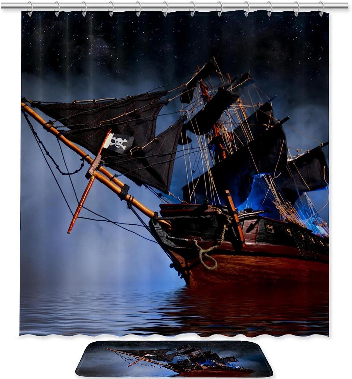 Pirate Ship Shower Curtain - Black Bathroom Decor For Adventure Lovers