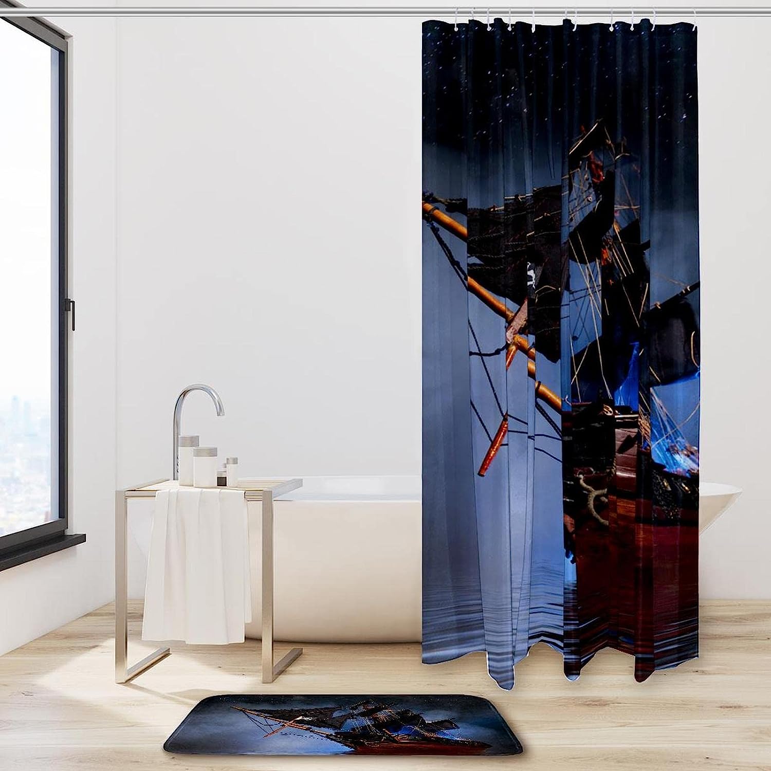 Pirate Ship Shower Curtain - Black Bathroom Decor For Adventure Lovers - Image 2