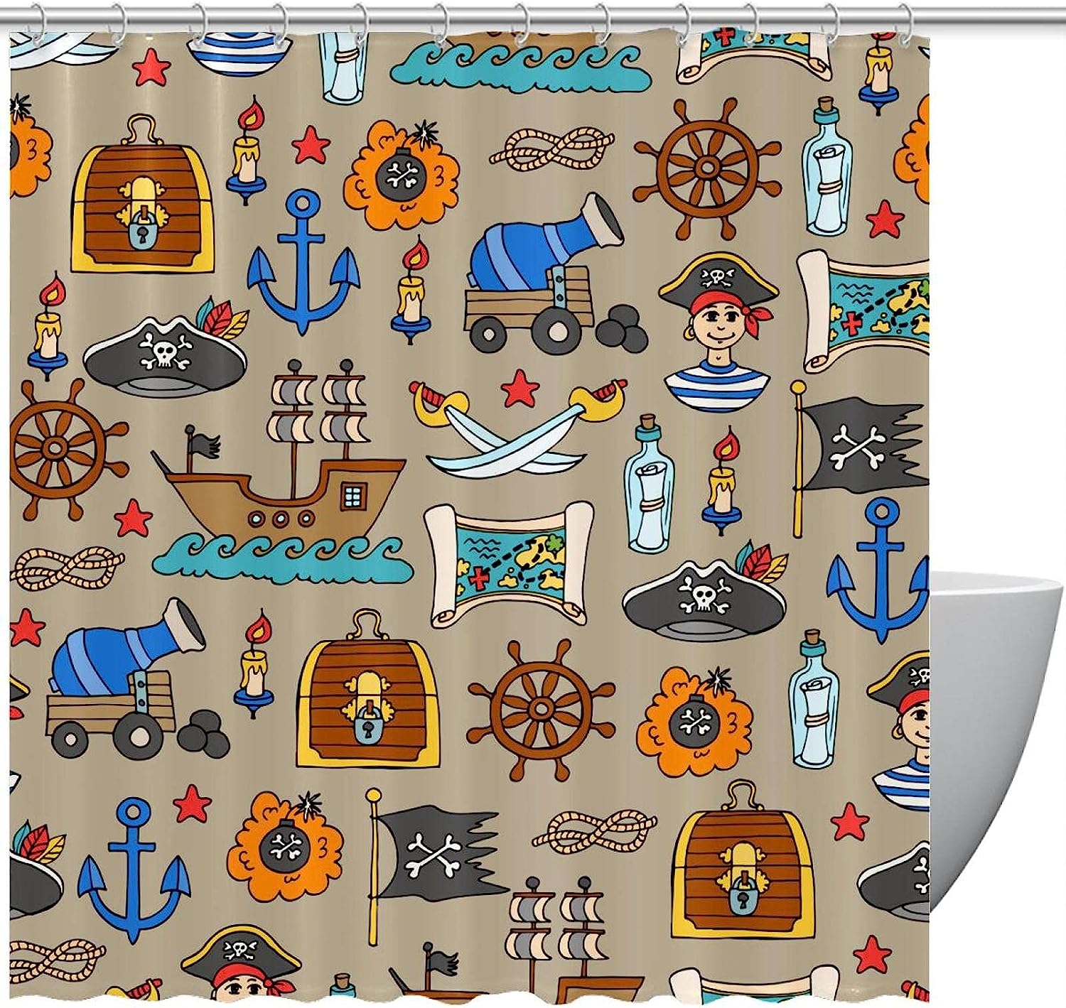 Pirate Ship Treasure Map Print Shower Curtain for Bathroom