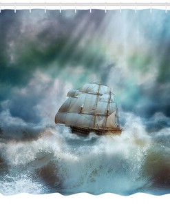 Pirate Ship on Wavy Sea Ocean Print Shower Curtain for Bathroom