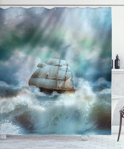 Pirate Ship on Wavy Sea Ocean Print Shower Curtain for Bathroom