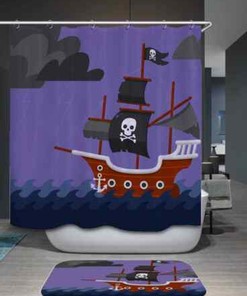 Pirate Ships-Themed Black Flags 3D Shower Curtain For Your Nautical Bathroom Decor
