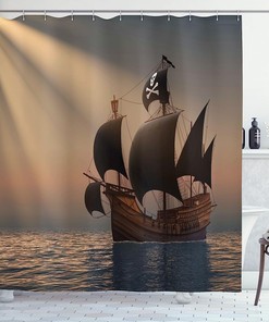 Pirate Skeleton Captain Shower Curtain, Corsair With Macaw Parrot And Steering Wheel, Cloth Fabric Bathroom Decorcolor
