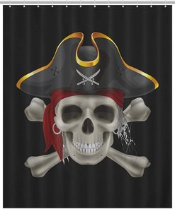 Pirate Skull Print Shower Curtain with Waterproof Fabric and Rustproof Hooks