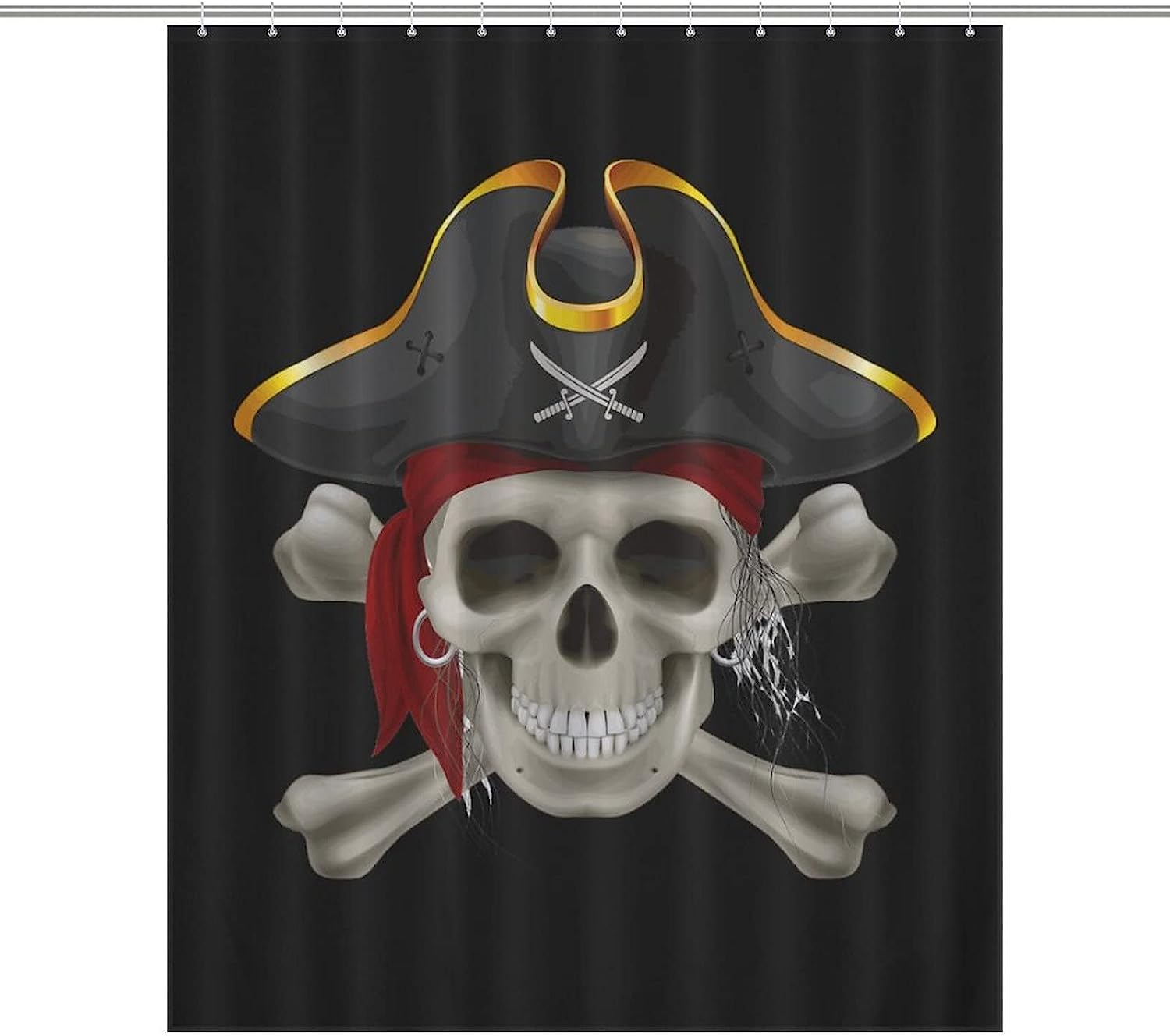 Pirate Skull Print Shower Curtain with Waterproof Fabric and Rustproof Hooks