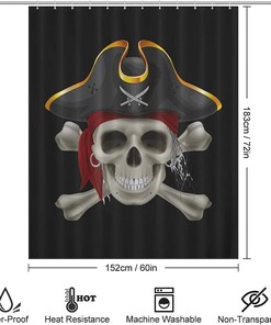 Pirate Skull Print Shower Curtain with Waterproof Fabric and Rustproof Hooks