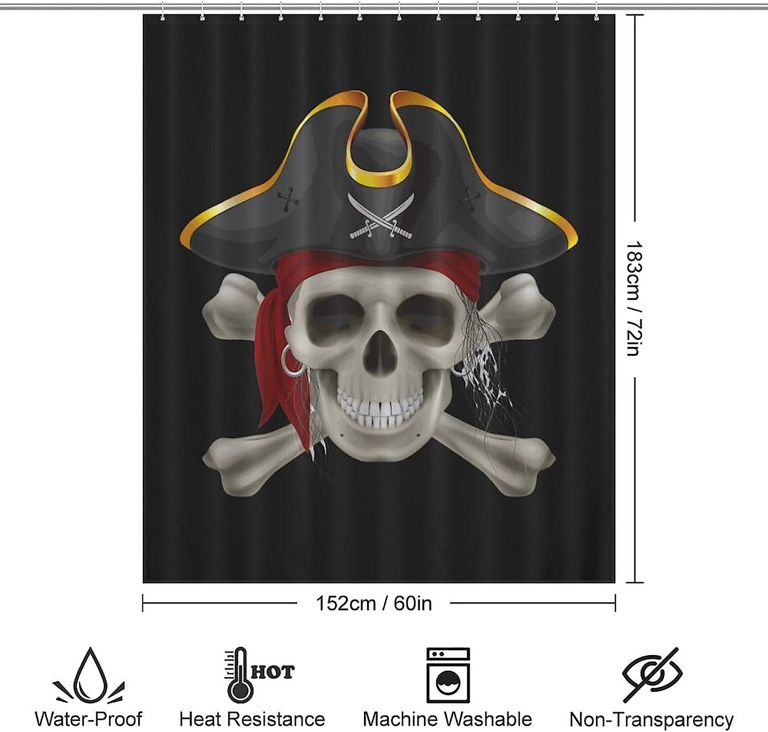 Pirate Skull Print Shower Curtain with Waterproof Fabric and Rustproof Hooks