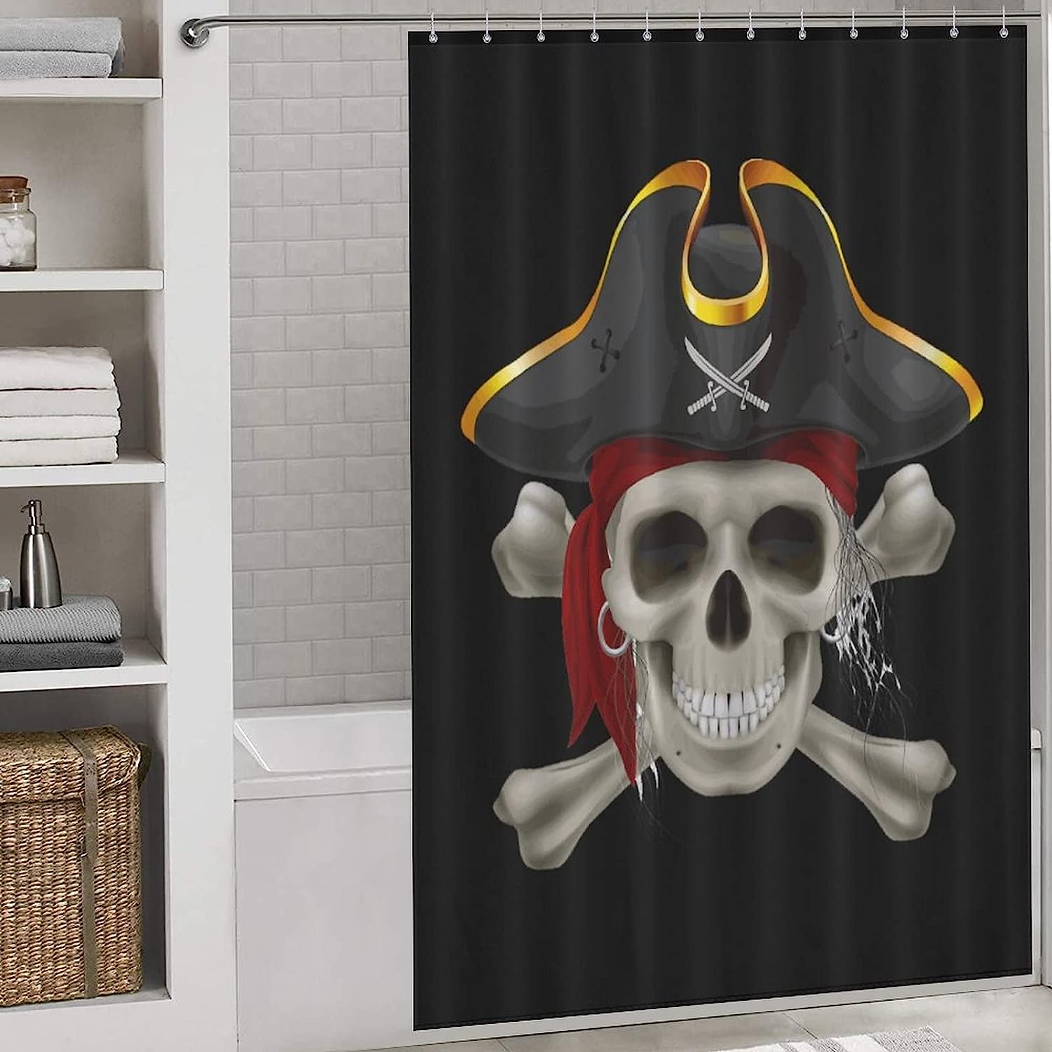 Pirate Skull Print Shower Curtain with Waterproof Fabric and Rustproof Hooks