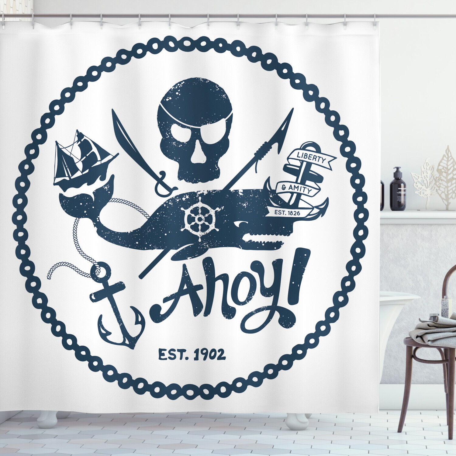 Pirate Skull Ship Anchor Shower Curtain For Nautical Bathroom Decor