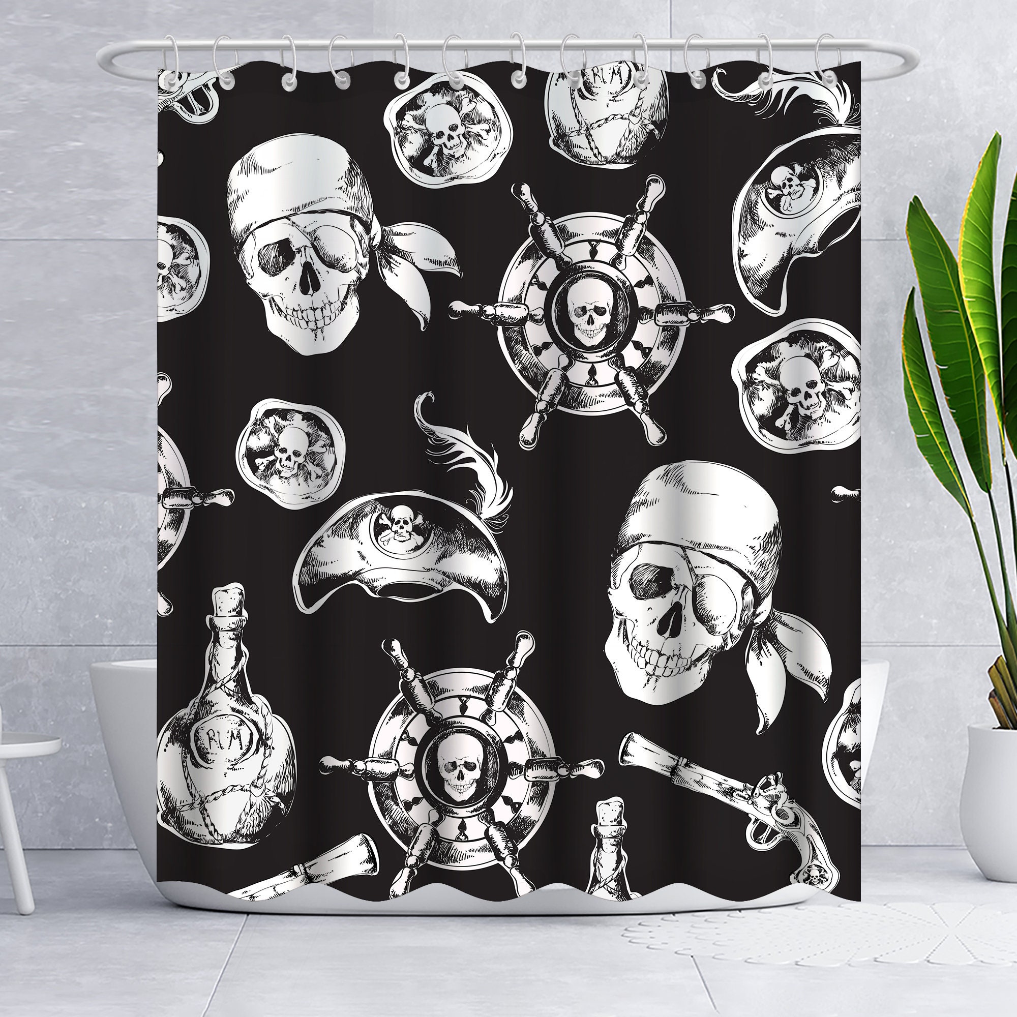 Pirate Skulls and Anchor Retro Horror Art Shower Curtain