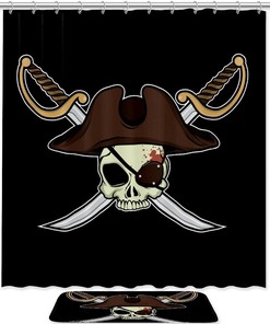 Pirate Skulls on Black Fabric Shower Curtain with Waterproof Print