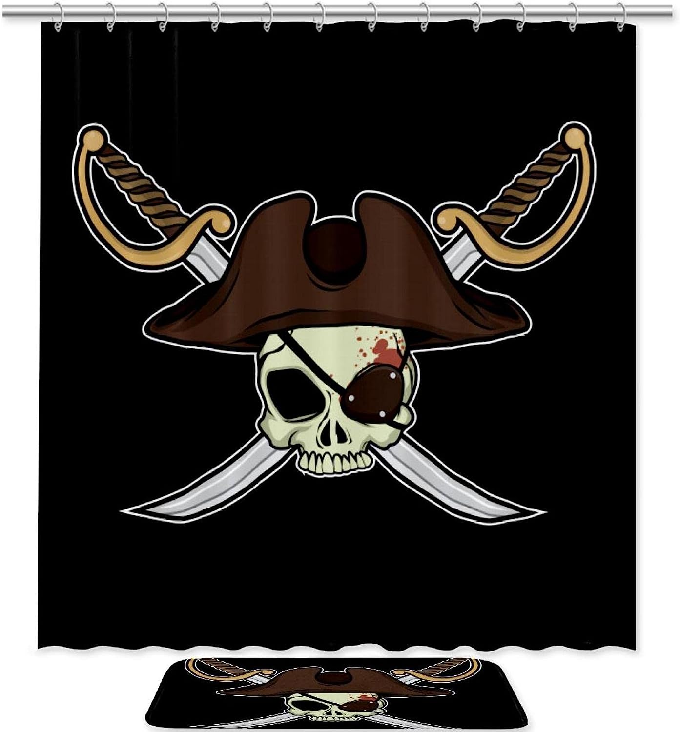 Pirate Skulls on Black Fabric Shower Curtain with Waterproof Print