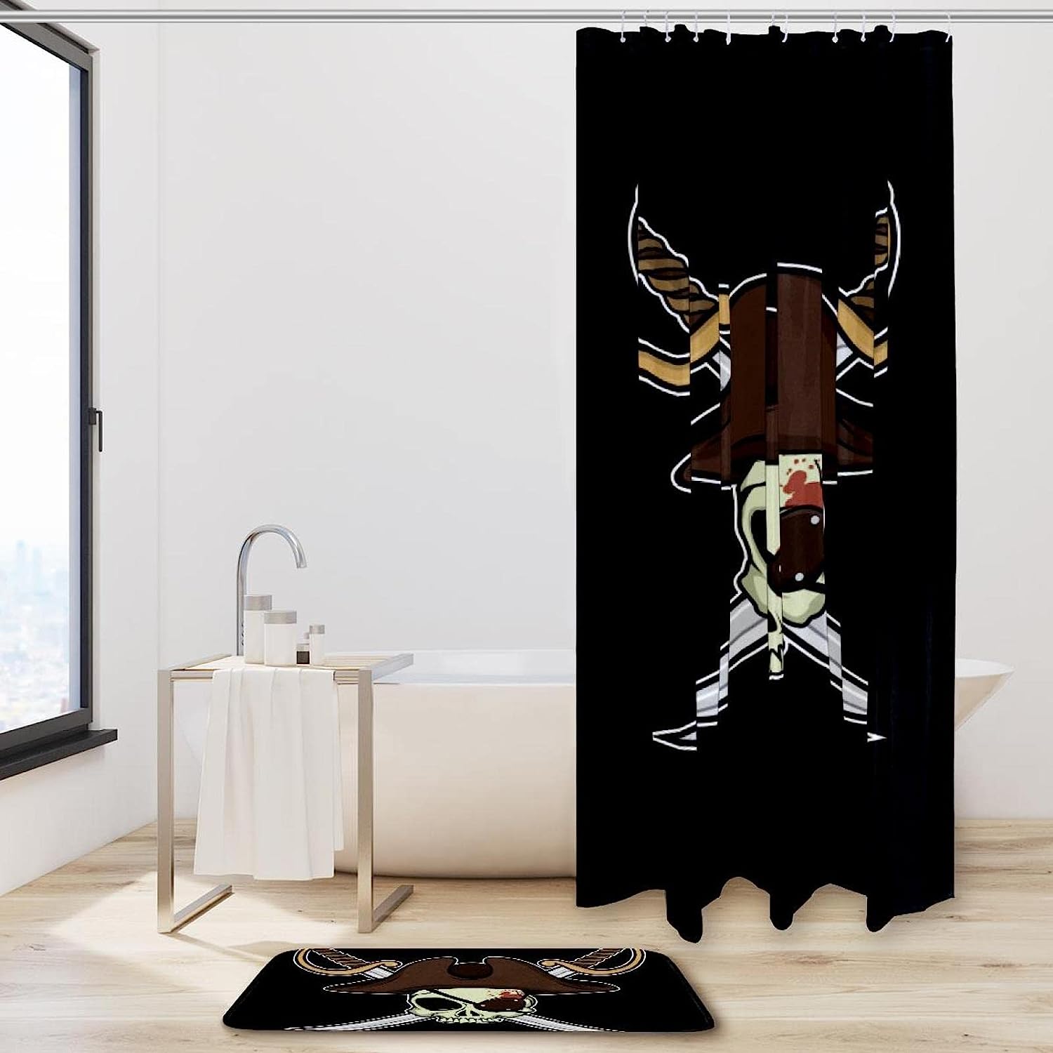 Pirate Skulls on Black Fabric Shower Curtain with Waterproof Print
