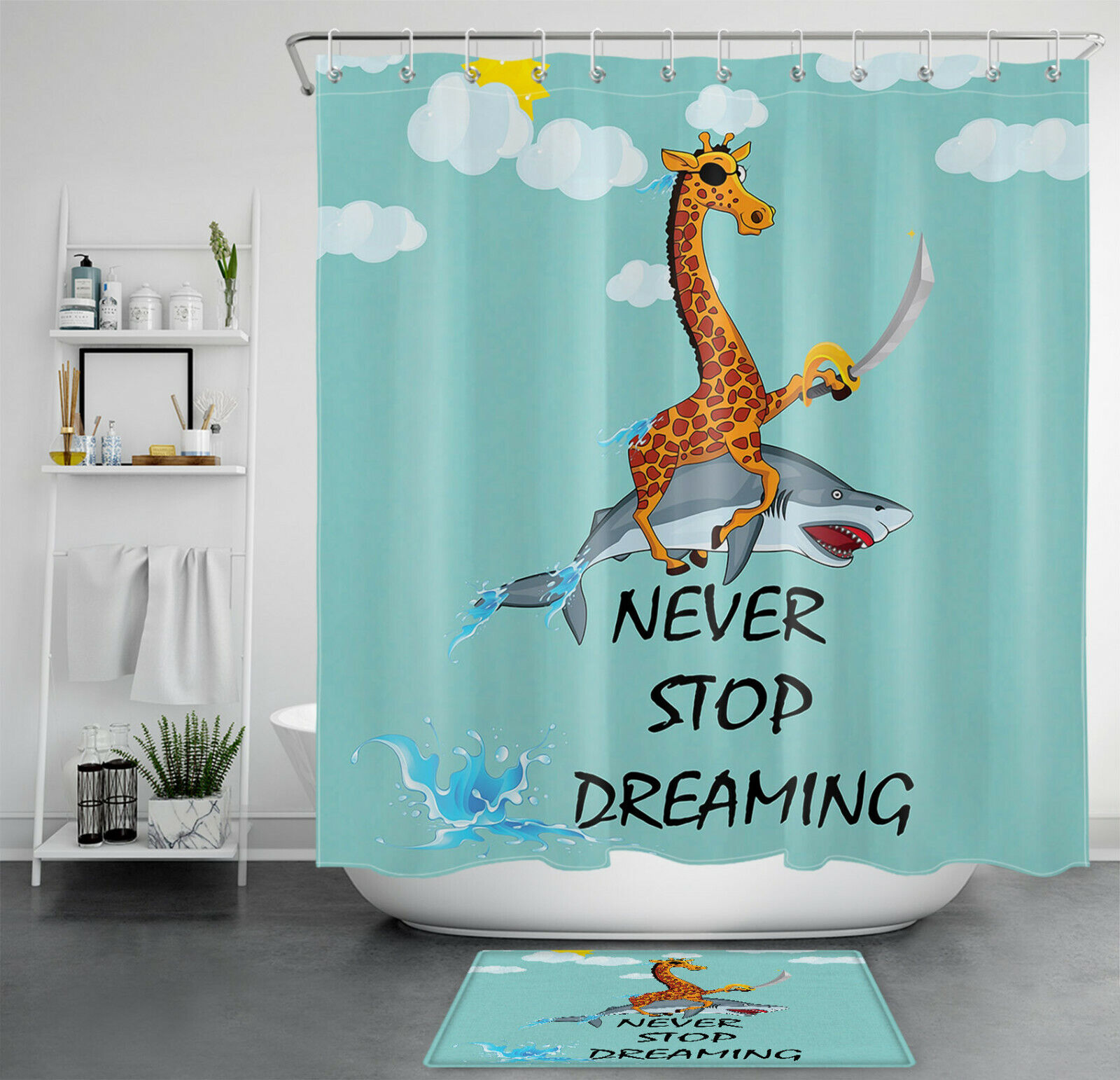 Pirate-Themed Bathroom Decor With Funny Shark Giraffe Print, Dream Big And Never Stop Shower Curtain