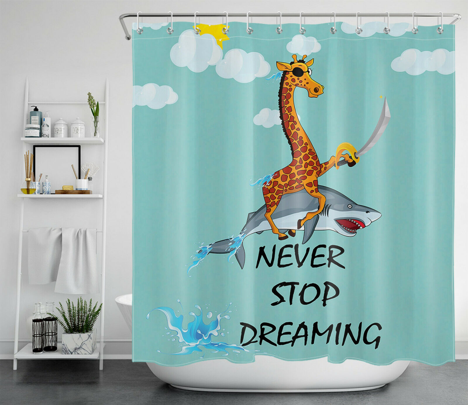 Pirate-Themed Bathroom Decor With Funny Shark Giraffe Print, Dream Big And Never Stop Shower Curtain