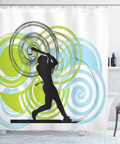 Pitch Fast And Win Baseball Player Shower Curtain In Green, Blue, And Black