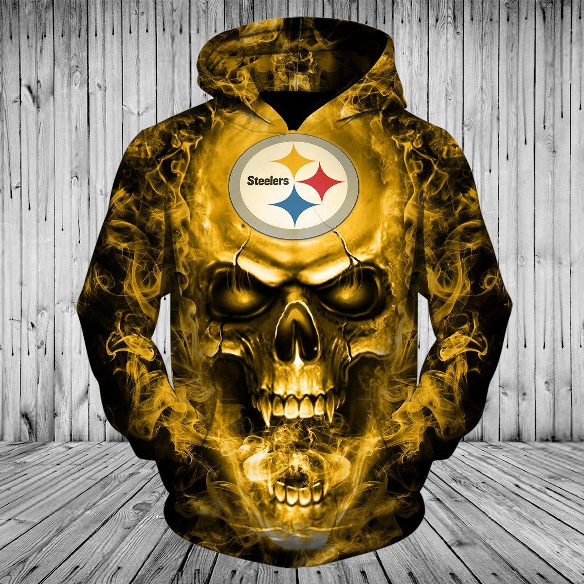Pittsburgh Steelers Smoke Skull 3D Zip Hoodie Perfect For Halloween And Every Game Day