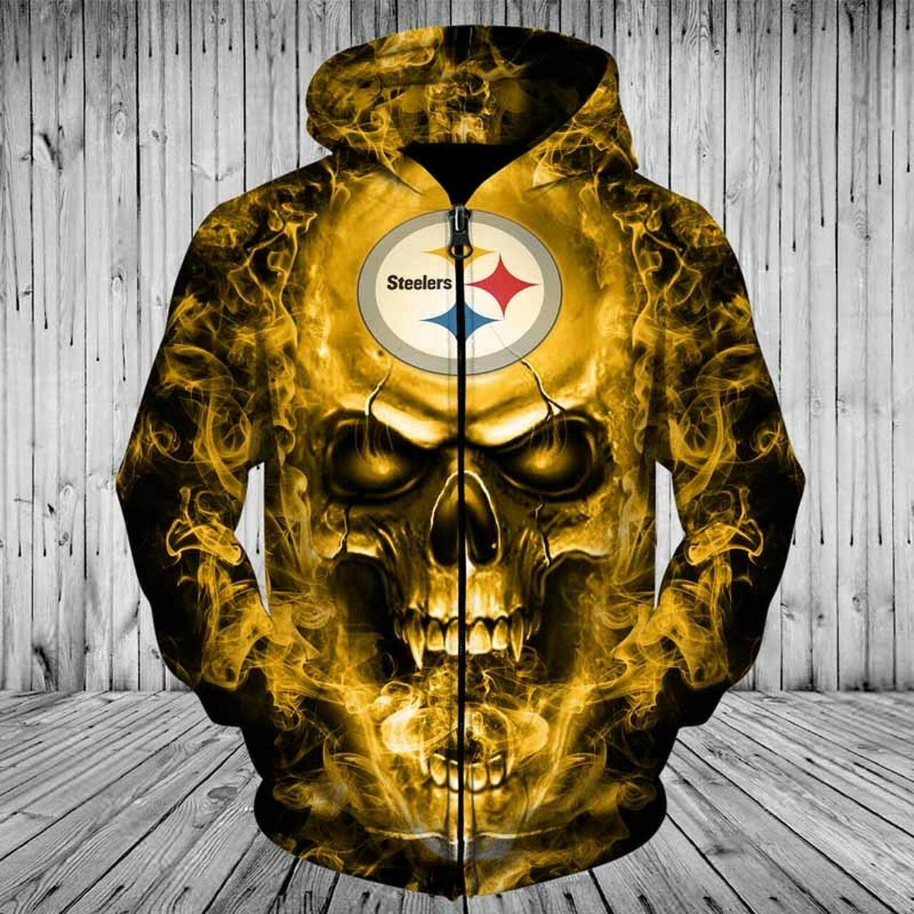 Pittsburgh Steelers Smoke Skull 3D Zip Hoodie Perfect For Halloween And Every Game Day