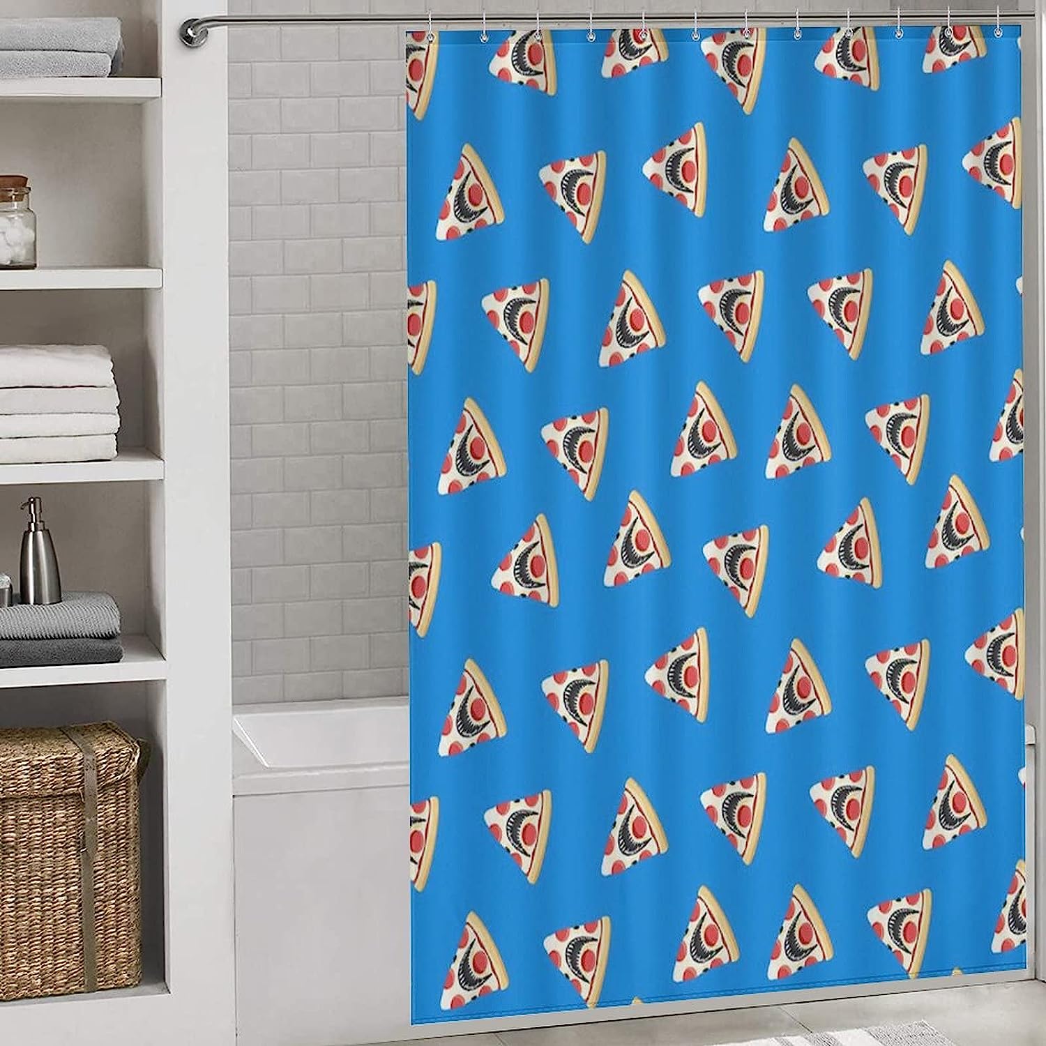 Pizza Shark Funny Print Shower Curtain for Bathroom with Rustproof Hooks