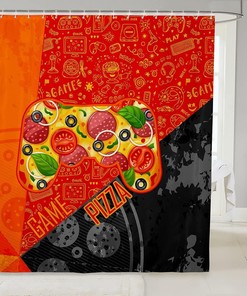 Pizza Video Game Controller Bathroom Curtain - Modern Gray Orange Gaming Home Decor