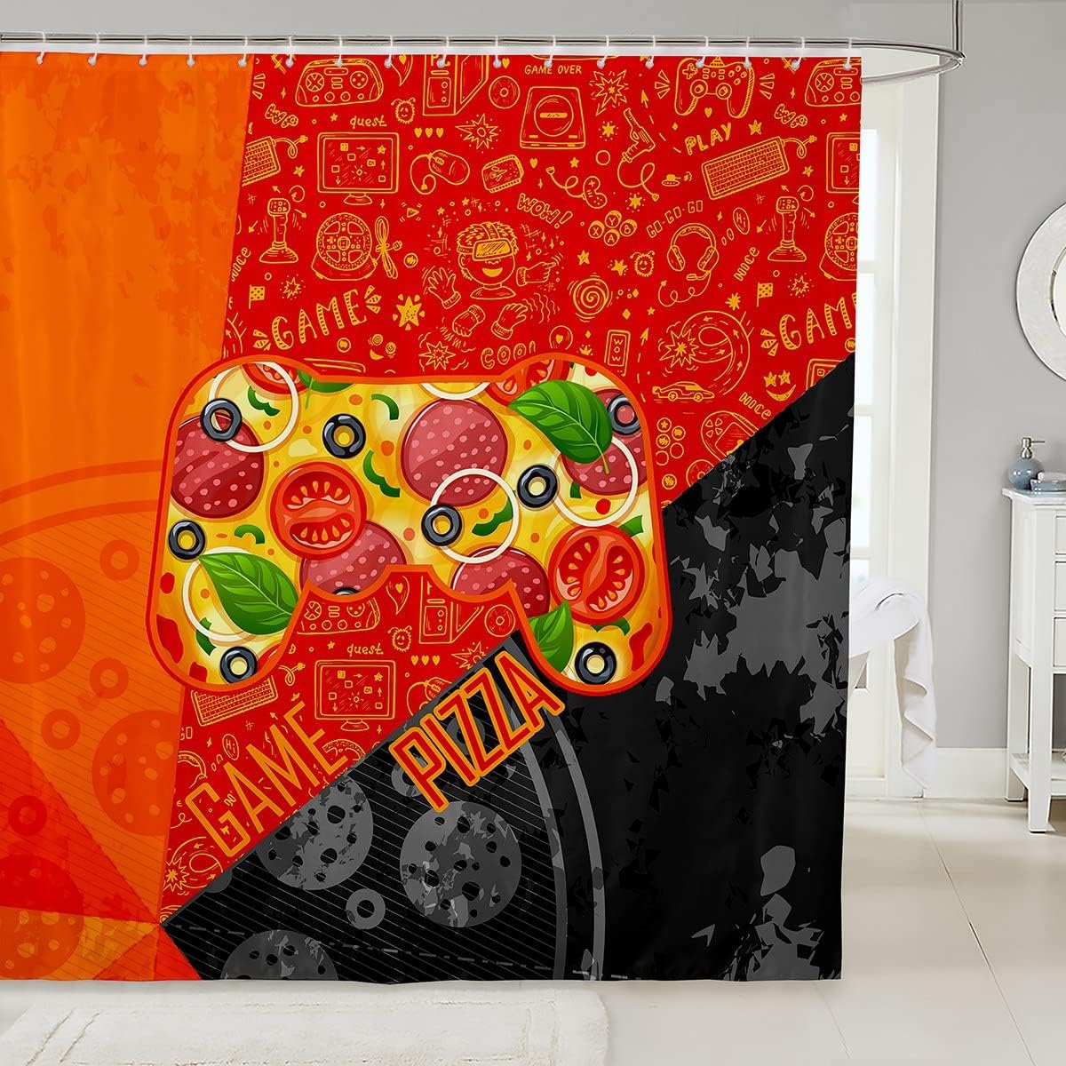Pizza Video Game Controller Bathroom Curtain - Modern Gray Orange Gaming Home Decor