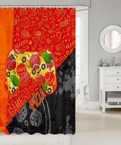 Pizza Video Game Controller Bathroom Curtain - Modern Gray Orange Gaming Home Decor
