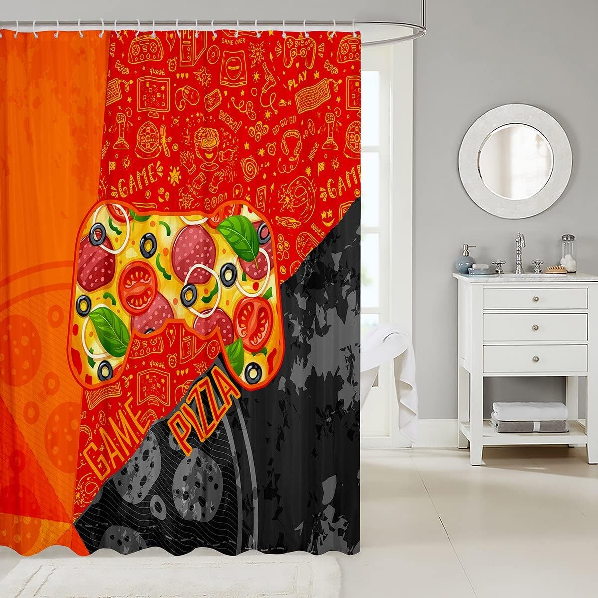 Pizza Video Game Controller Bathroom Curtain - Modern Gray Orange Gaming Home Decor