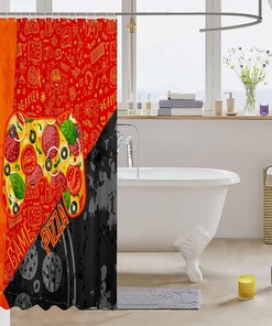 Pizza Video Game Controller Bathroom Curtain - Modern Gray Orange Gaming Home Decor