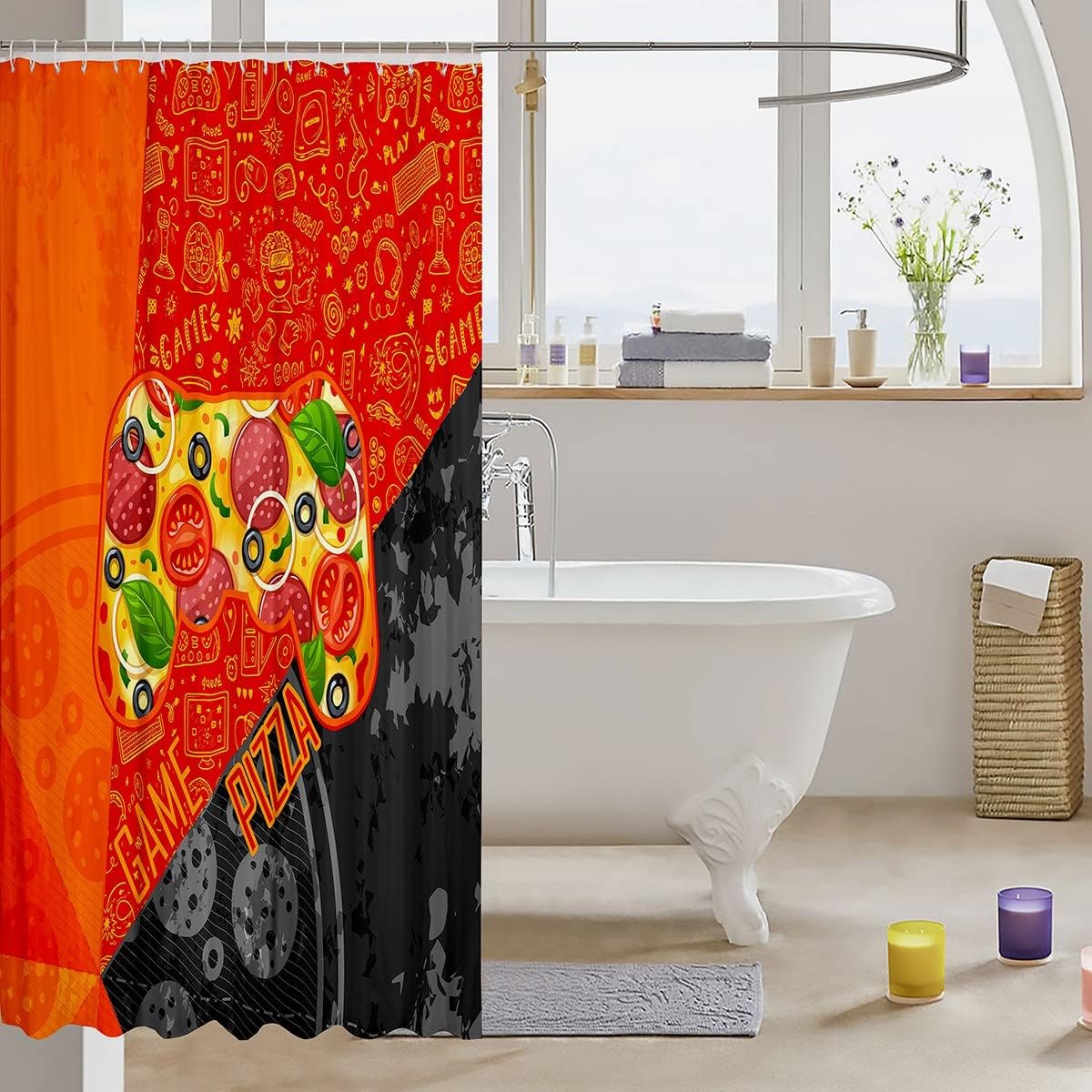 Pizza Video Game Controller Bathroom Curtain - Modern Gray Orange Gaming Home Decor