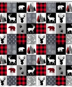 Plaid Bear Shower Curtain, Rustic Red and Black Buffalo Winter Bathroom Decor