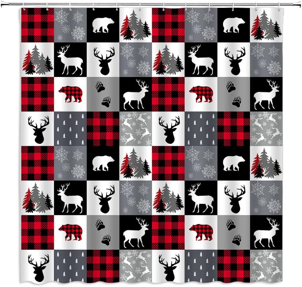 Plaid Bear Shower Curtain, Rustic Red and Black Buffalo Winter Bathroom Decor
