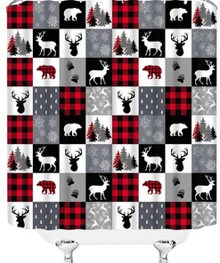 Plaid Bear Shower Curtain, Rustic Red and Black Buffalo Winter Bathroom Decor