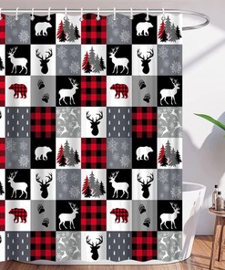 Plaid Bear Shower Curtain, Rustic Red and Black Buffalo Winter Bathroom Decor
