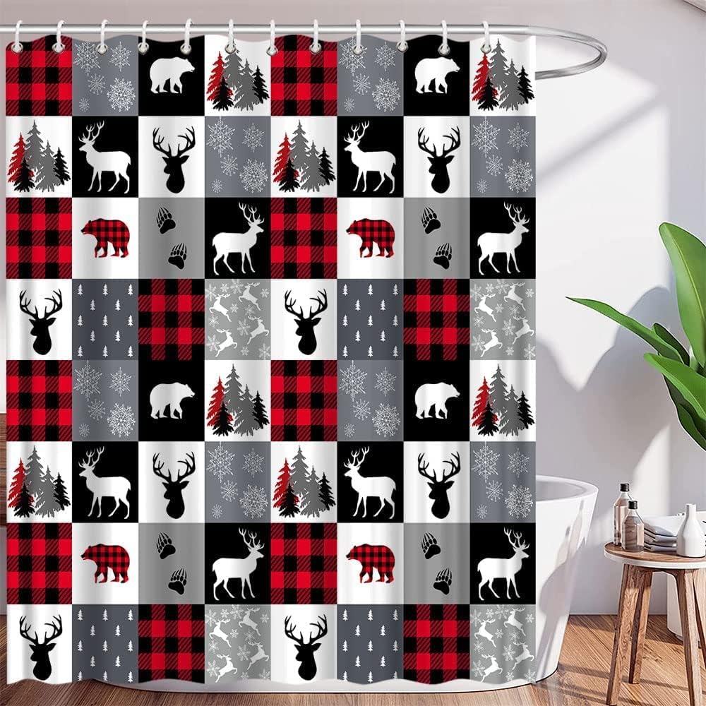 Plaid Bear Shower Curtain, Rustic Red and Black Buffalo Winter Bathroom Decor