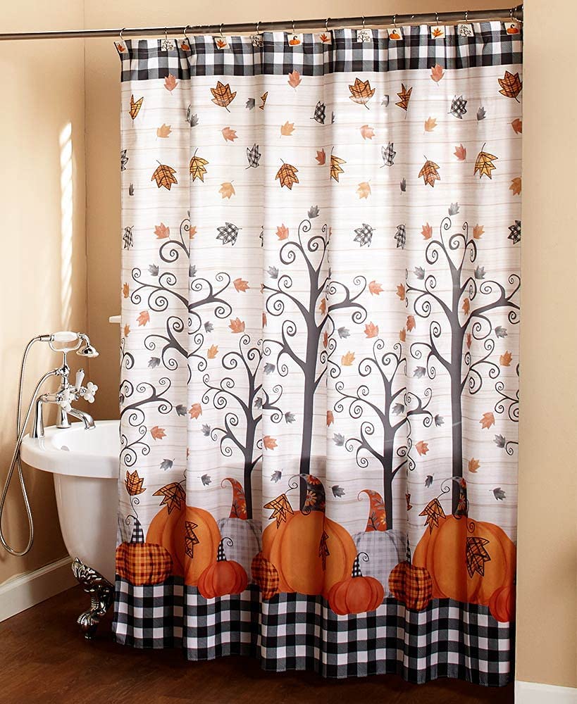 Plaid Pumpkin with Autumn Floral Accents Bathroom Shower Curtain