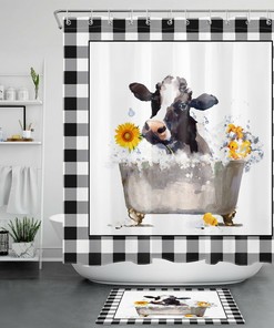 Plaid Sunflower Cow Farmhouse Shower Curtain For Bathroom