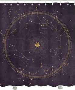 Planetary Orbits Zodiac Constellations Dark Purple Astrological Star Map Shower Curtain for Bathroom Decor 